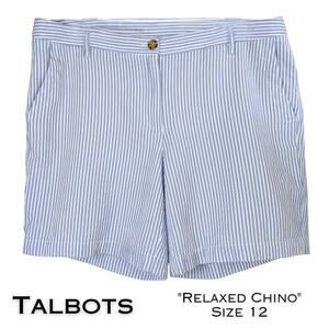 Talbots "Relaxed Chino" Shorts 12 Blue White Striped 100% Cotton Preppy Coastal